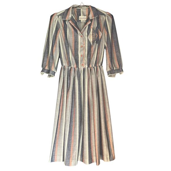 Vintage 70s Size Medium Pink Gray Stripe Day Dress Retro Rockabilly Fit & Flare - Picture 1 of 11